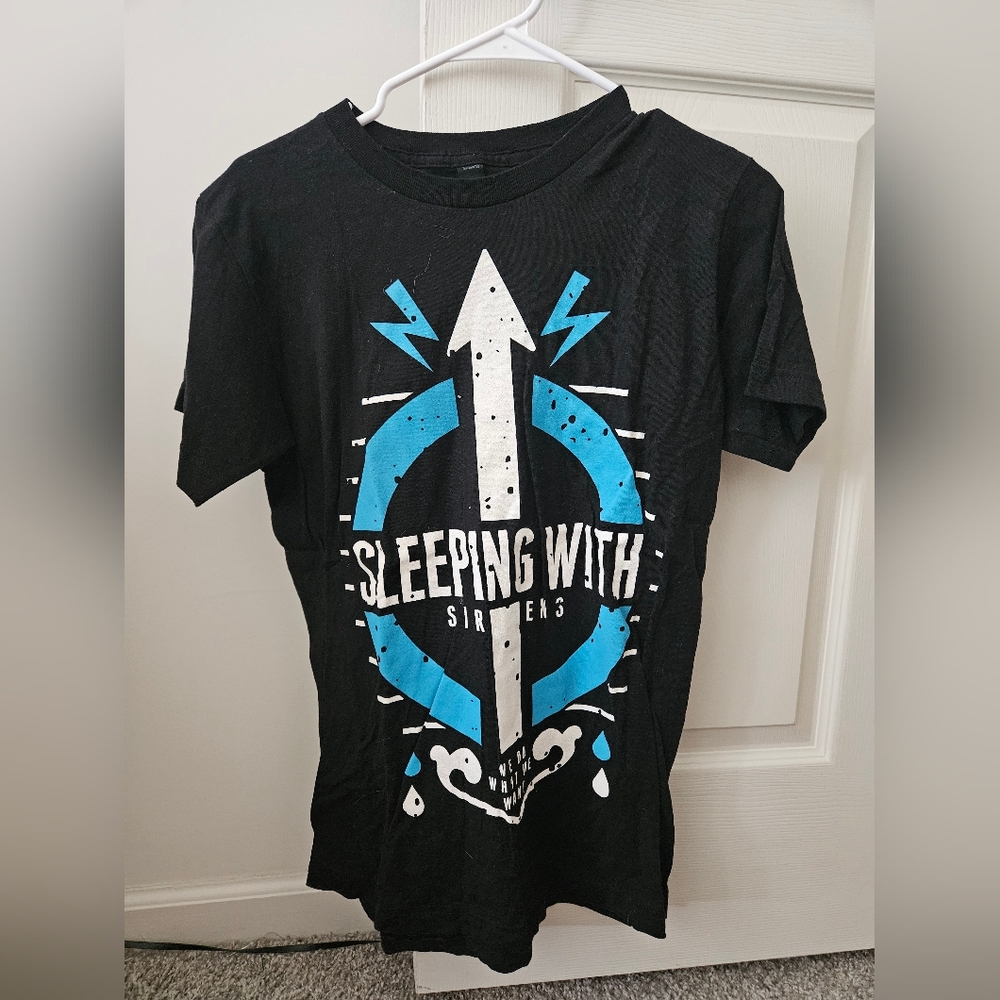 Sleeping With Sirens Band Tee Black Graphic T-Shirt with Blue and White Design